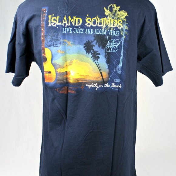 Men's T Shirt Island Sounds Graphic Tropical Print Short Sleeve New Navy Blue - Picture 1 of 5